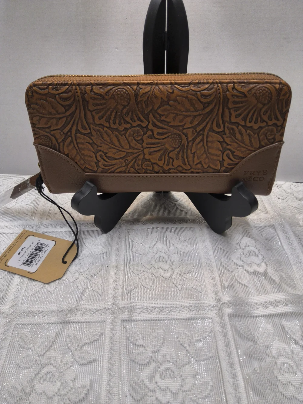 New FRYE Flower Embossed Cognac Zip Around Wallet